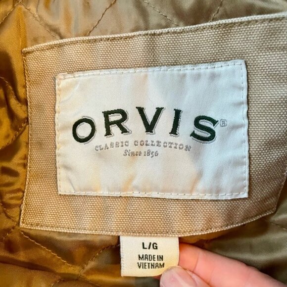 Vintage ORVIS Canvas Chore Barn Coat Field Jacket Corduroy Cuffs Tan Brown Sz L - Picture 9 of 12